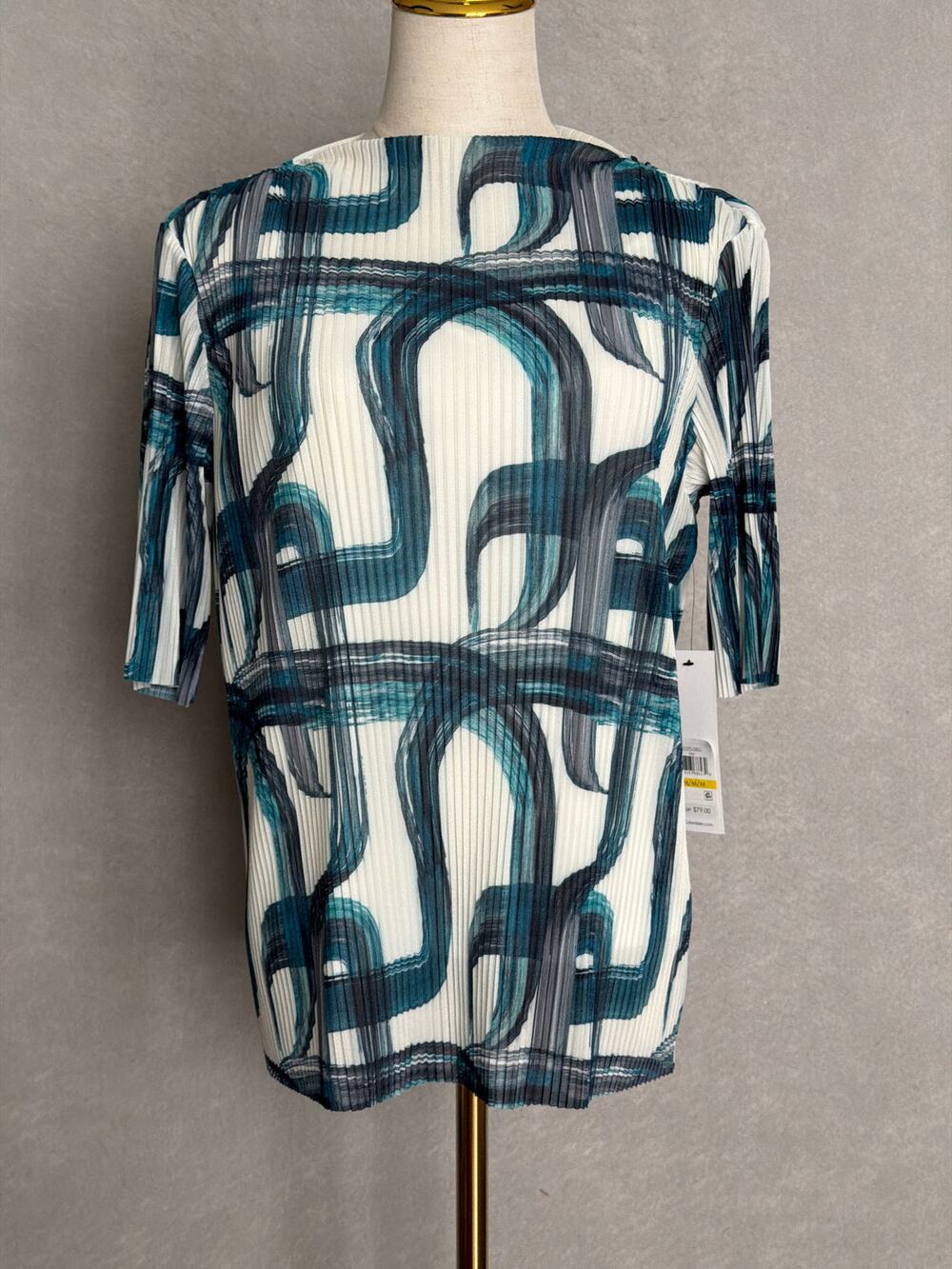 Calvin Klein Accordion Chiffon Top Mock Neck Short Sleeve Women's Medium NEW